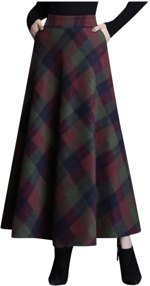 Retro Woolen Blend Plaid Skirt for Women Flowy High Waisted Long Skirts Comfy Pleated A-line Maxi Skirt