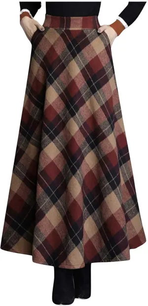 Retro Woolen Blend Plaid Skirt for Women Flowy High Waisted Long Skirts Comfy Pleated A-line Maxi Skirt