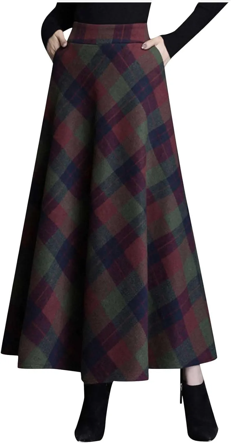 Retro Woolen Blend Plaid Skirt for Women Flowy High Waisted Long Skirts Comfy Pleated A-line Maxi Skirt