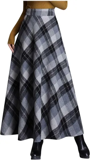 Retro Woolen Blend Plaid Skirt for Women Flowy High Waisted Long Skirts Comfy Pleated A-line Maxi Skirt