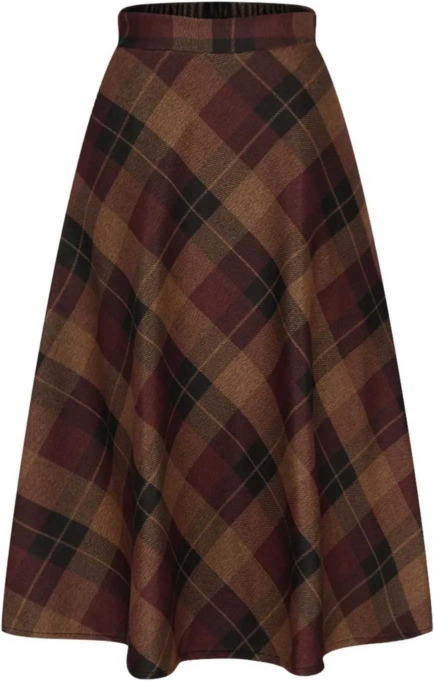 Retro Woolen Blend Plaid Skirt for Women Flowy High Waisted Long Skirts Comfy Pleated A-line Maxi Skirt