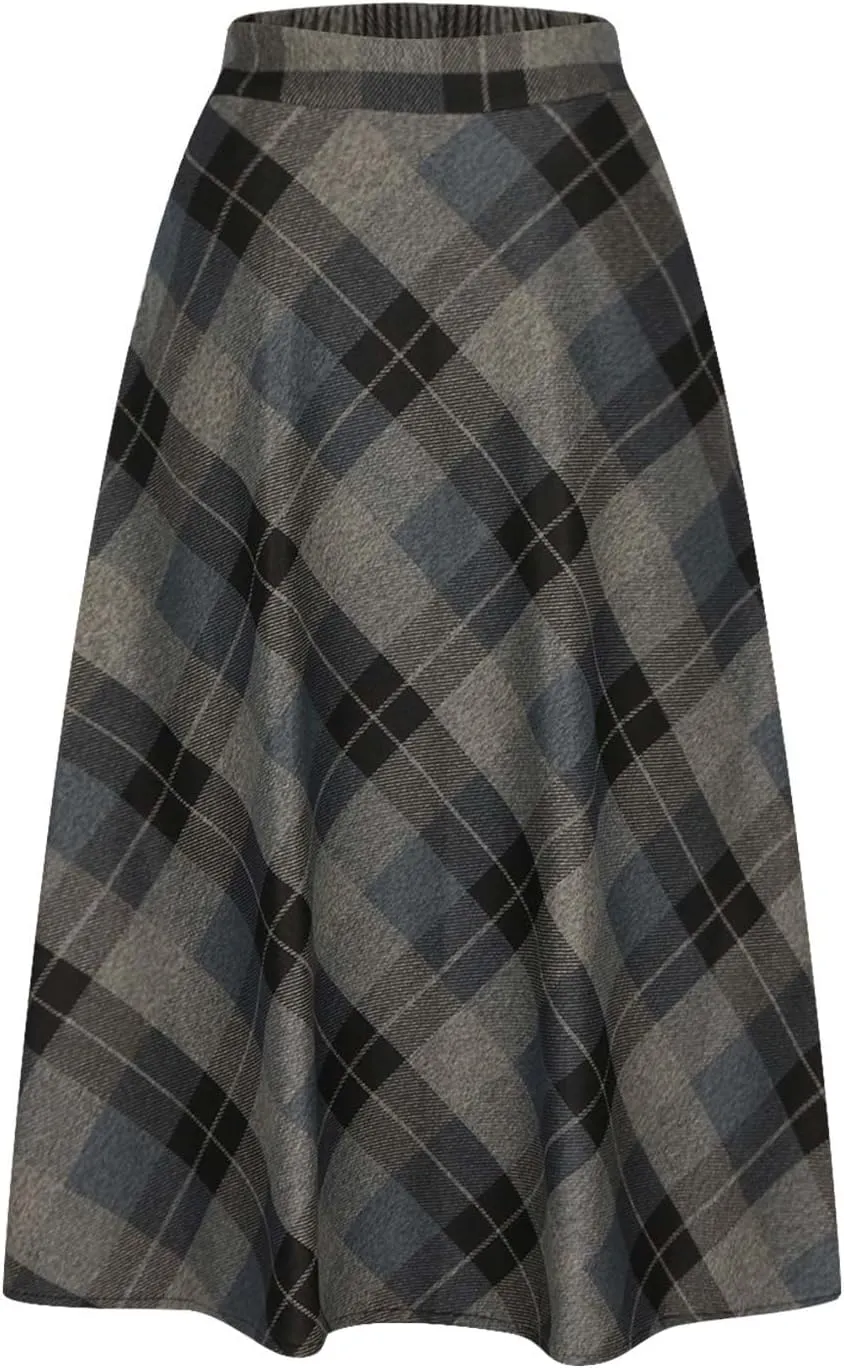 Retro Woolen Blend Plaid Skirt for Women Flowy High Waisted Long Skirts Comfy Pleated A-line Maxi Skirt