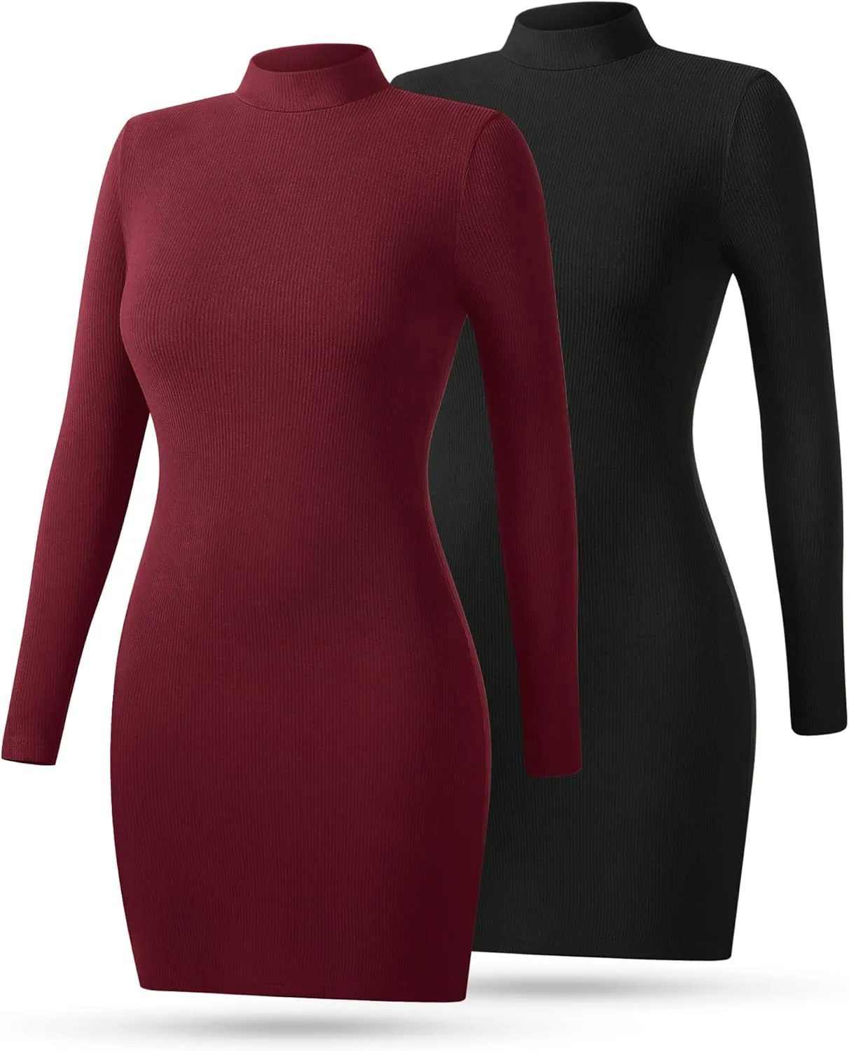 Riyiper 2 Pack Women's Mock Turtle Neck Ribbed Dresses Long Sleeve Knit Basic Casual Bodycon Mini Short Dress