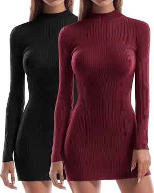 Riyiper 2 Pack Women's Mock Turtle Neck Ribbed Dresses Long Sleeve Knit Basic Casual Bodycon Mini Short Dress