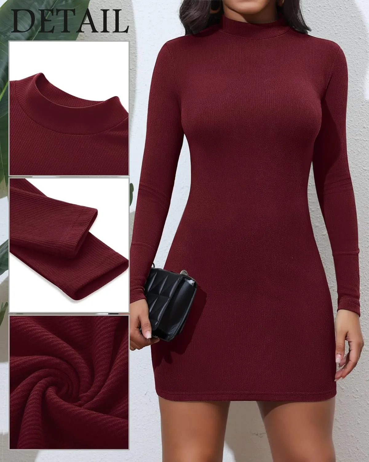 Riyiper 2 Pack Women's Mock Turtle Neck Ribbed Dresses Long Sleeve Knit Basic Casual Bodycon Mini Short Dress