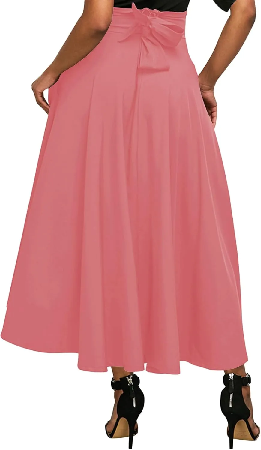 Rooscier Women's Elastic High Waist Tie Knot Back A-Line Flared with Pockets Long Skirt