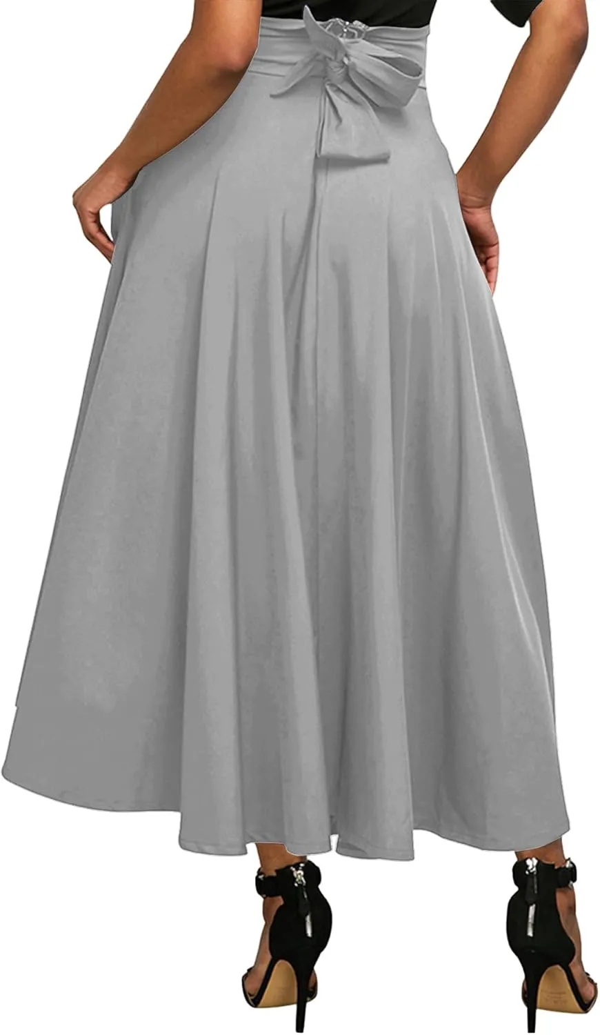 Rooscier Women's Elastic High Waist Tie Knot Back A-Line Flared with Pockets Long Skirt