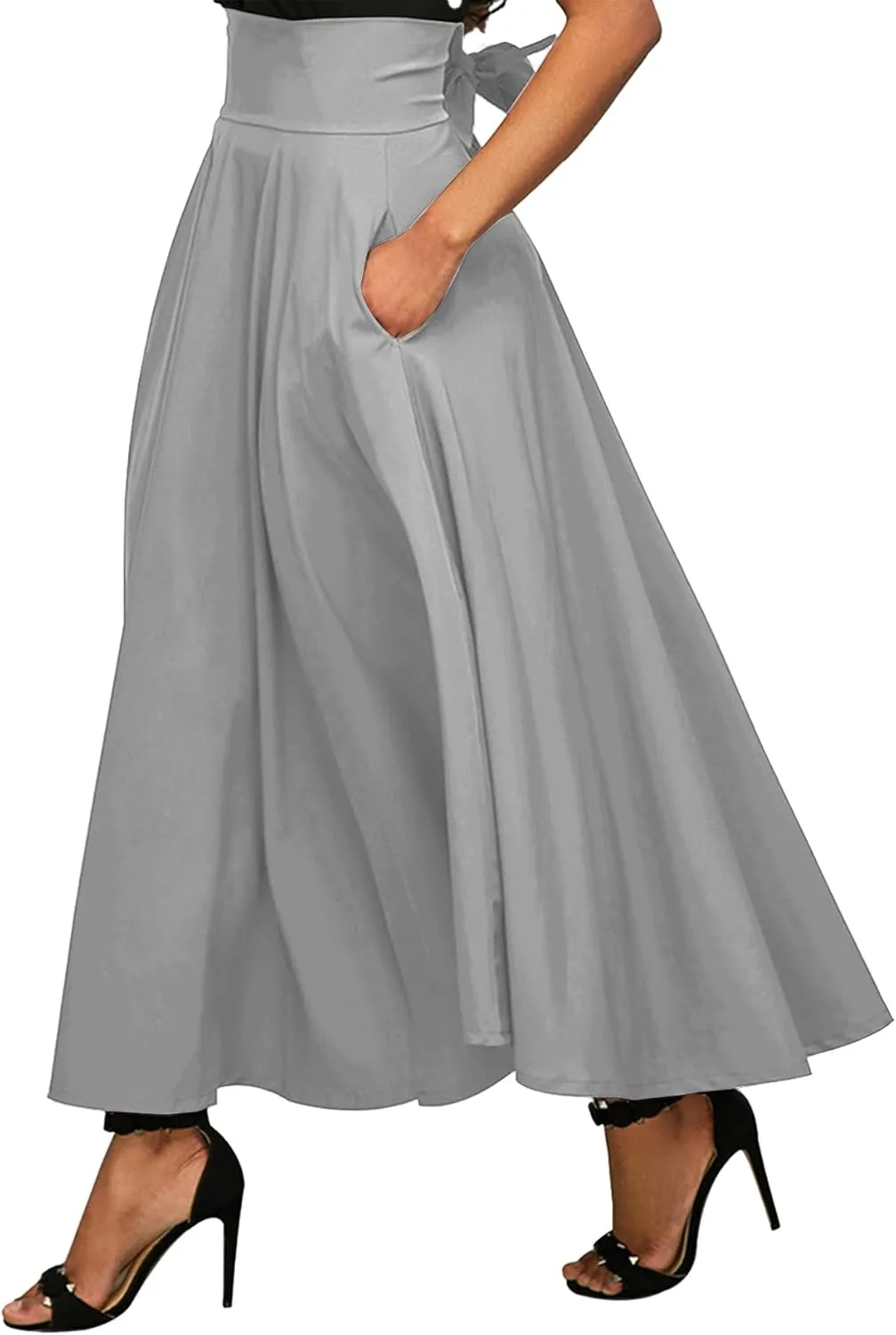 Rooscier Women's Elastic High Waist Tie Knot Back A-Line Flared with Pockets Long Skirt