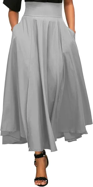Rooscier Women's Elastic High Waist Tie Knot Back A-Line Flared with Pockets Long Skirt
