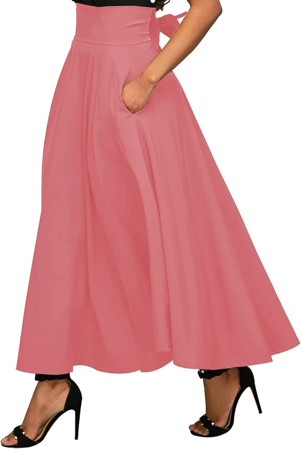 Rooscier Women's Elastic High Waist Tie Knot Back A-Line Flared with Pockets Long Skirt