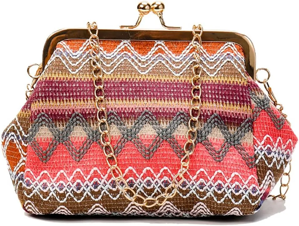 ROUROU Retro Hollow Handbag for Women Straw Shoulder Bag Evening Clutch Bag Kiss Lock Closure Crossbody Bag Purse