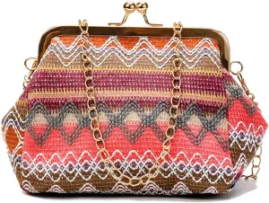 ROUROU Retro Hollow Handbag for Women Straw Shoulder Bag Evening Clutch Bag Kiss Lock Closure Crossbody Bag Purse