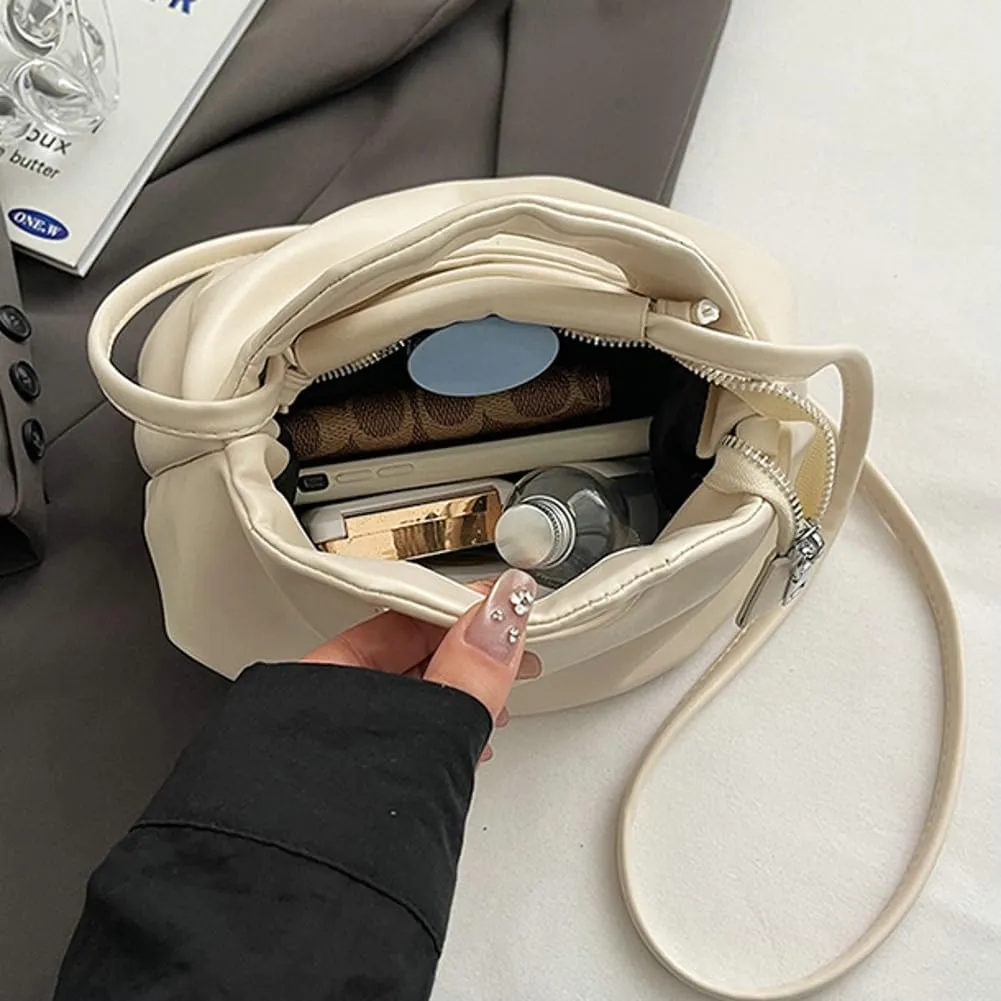 Rungion Chic Vegan Leather Purse for Women Small Dumpling Shoulder Crossbody Bag Pleated Cloud Handbag Designer Satchel