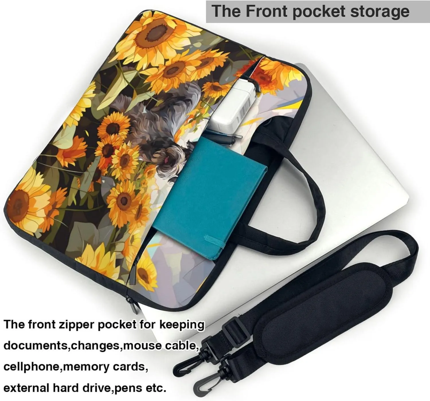 Schnauzer Sunflower Laptop Shoulder Bag for Women, Dog Painted Laptop Sleeve Case Durable Computer Bag