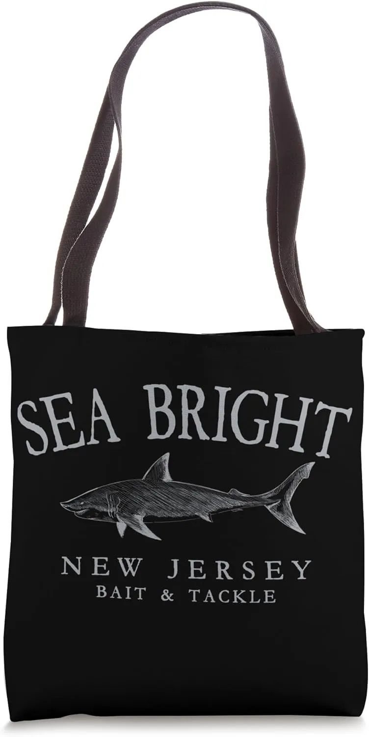 Sea Bright New Jersey Shark Arched Grey Letters Tote Bag