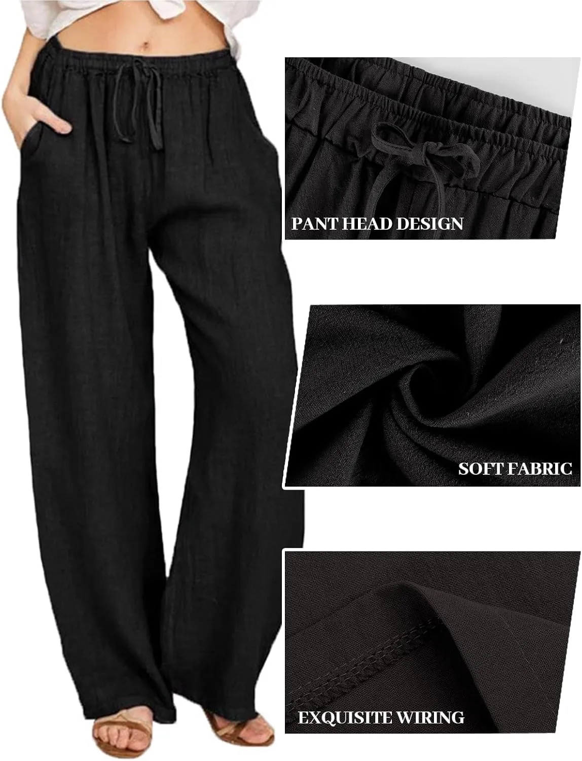 SHEKINI Womens Cotton Linen Pants Elastic High Waist Drawstring Lightweight Trousers Wide Leg Loose Casual Palazzo Yoga Pants