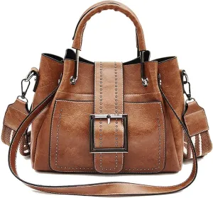 Shoulder Bag Vintage PU Leather Handbags for Women Stylish Crossbody Bucket Shoulder Bag Chic Ladies Handbag(Brown)