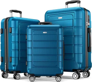 SHOWKOO Luggage Sets Expandable PC ABS Durable Suitcase Sets Double Wheels TSA Lock Sea Blue 3PCS