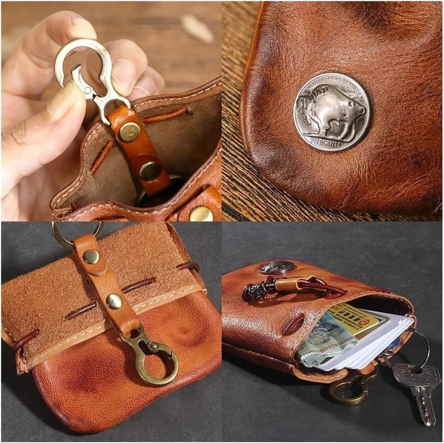 Simple Cowhide Retro Storage Bag, Handmade Leather Wallet, Small Coin Purse, Portable Key Pouch for Women Men (Red)