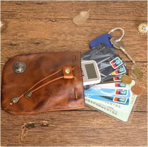 Simple Cowhide Retro Storage Bag, Handmade Leather Wallet, Small Coin Purse, Portable Key Pouch for Women Men (Red)