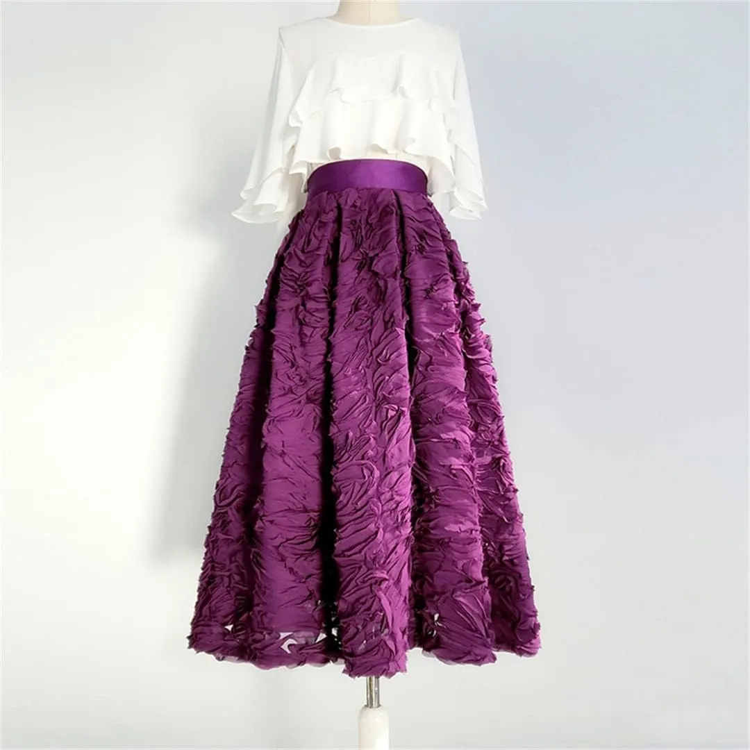 Simple Elegant Dark 3D Reddish Mesh Lace Embroidery High Waist Pleated Midi Skirt Birthday Party