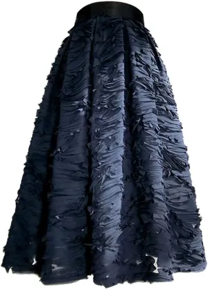 Simple Elegant Dark 3D Reddish Mesh Lace Embroidery High Waist Pleated Midi Skirt Birthday Party