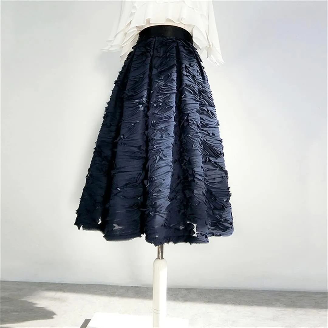 Simple Elegant Dark 3D Reddish Mesh Lace Embroidery High Waist Pleated Midi Skirt Birthday Party