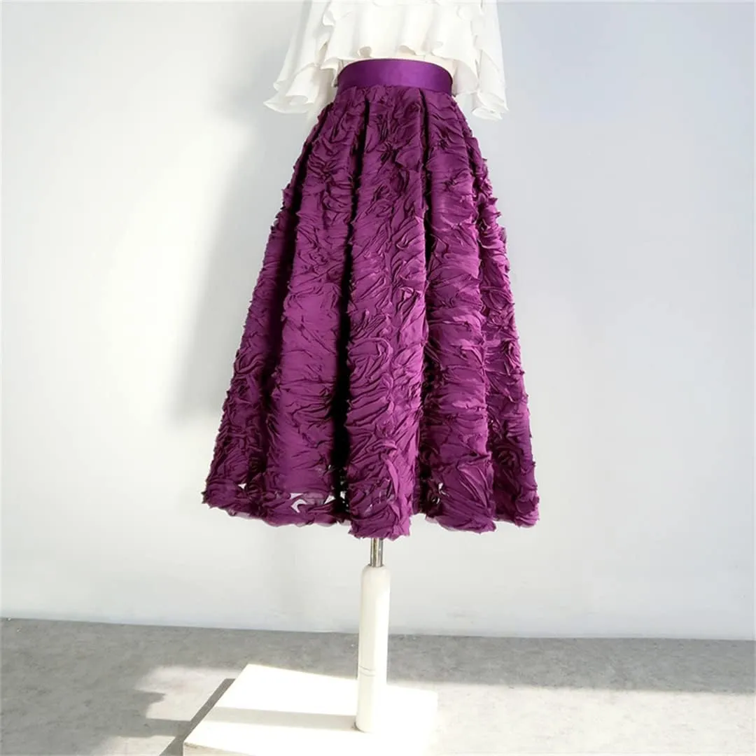 Simple Elegant Dark 3D Reddish Mesh Lace Embroidery High Waist Pleated Midi Skirt Birthday Party