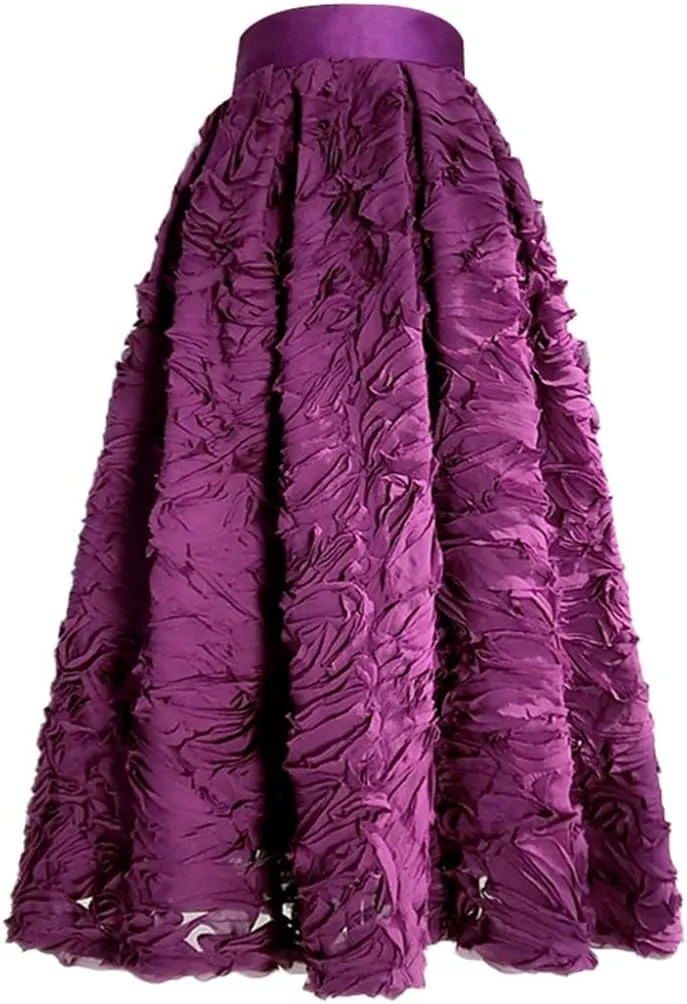 Simple Elegant Dark 3D Reddish Mesh Lace Embroidery High Waist Pleated Midi Skirt Birthday Party