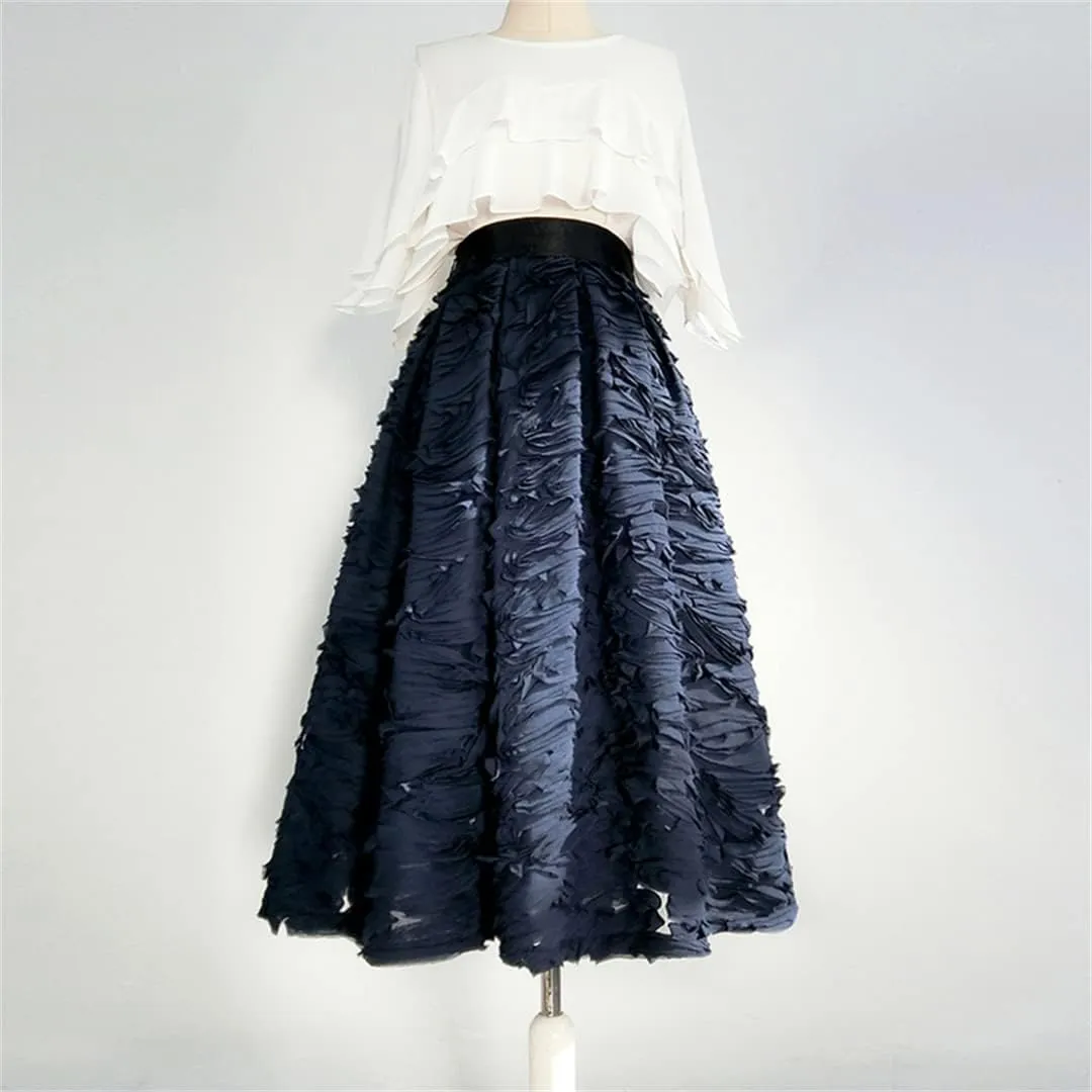 Simple Elegant Dark 3D Reddish Mesh Lace Embroidery High Waist Pleated Midi Skirt Birthday Party