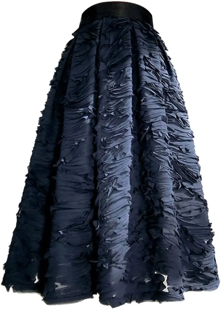 Simple Elegant Dark 3D Reddish Mesh Lace Embroidery High Waist Pleated Midi Skirt Birthday Party