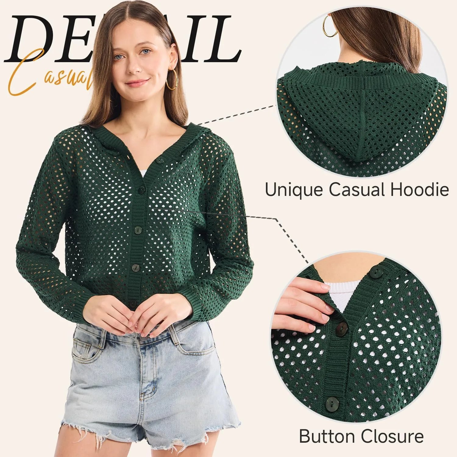 Simple&Opulence Women's Crochet Cardigan Cover Up Lightweight V Neck Summer Mesh Sweater Knit Tops Casual Jacket Hooded