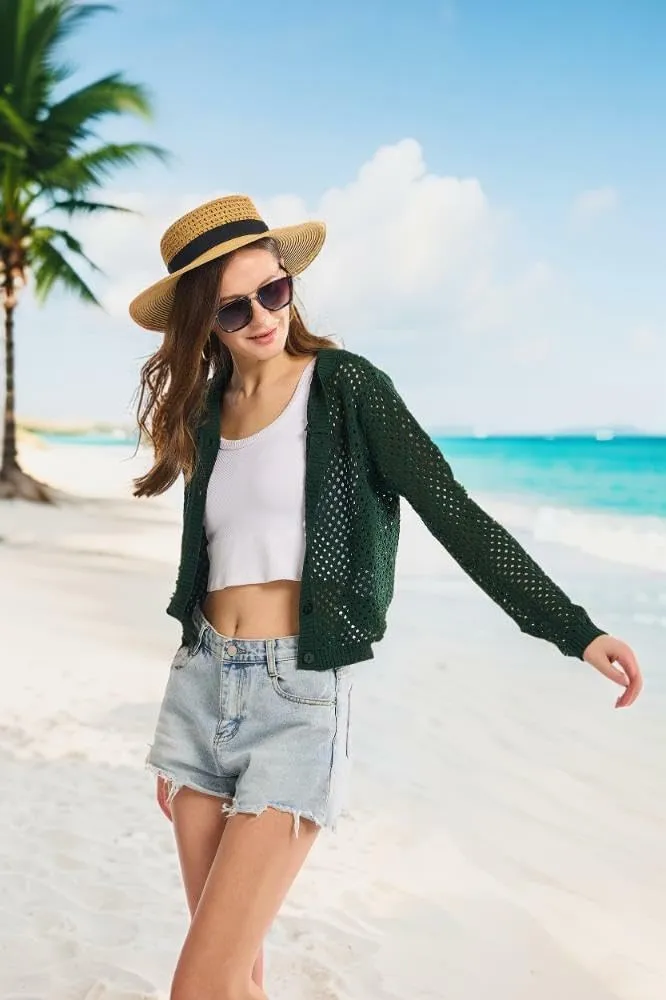 Simple&Opulence Women's Crochet Cardigan Cover Up Lightweight V Neck Summer Mesh Sweater Knit Tops Casual Jacket Hooded