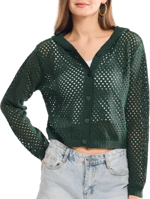 Simple&Opulence Women's Crochet Cardigan Cover Up Lightweight V Neck Summer Mesh Sweater Knit Tops Casual Jacket Hooded