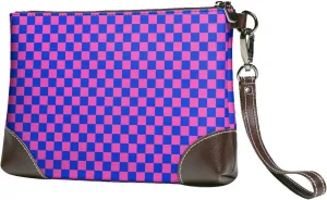 Small Clutch Purses for Women - Checkered blue pink Y2K retro Leather Wristlet Wallets for Women with Wrist Strap