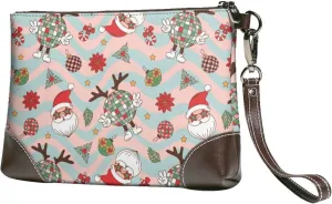 Small Clutch Purses for Women - Groovy Retro Santa Leather Wristlet Wallets for Women with Wrist Strap