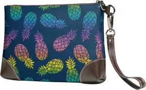 Small Clutch Purses for Women - Retro Bright Pineapple Leather Wristlet Wallets for Women with Wrist Strap