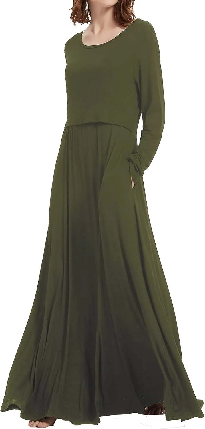 Smallshow Women's Long Sleeve Maxi Nursing Dress Maternity Breastfeeding Clothes