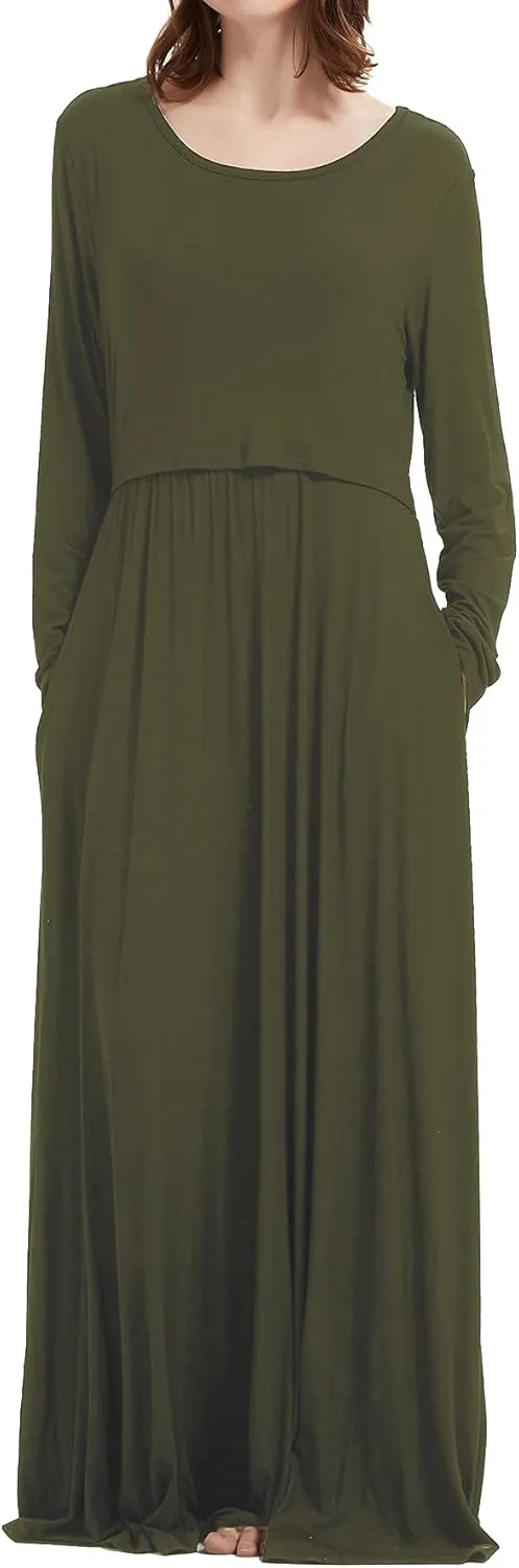 Smallshow Women's Long Sleeve Maxi Nursing Dress Maternity Breastfeeding Clothes