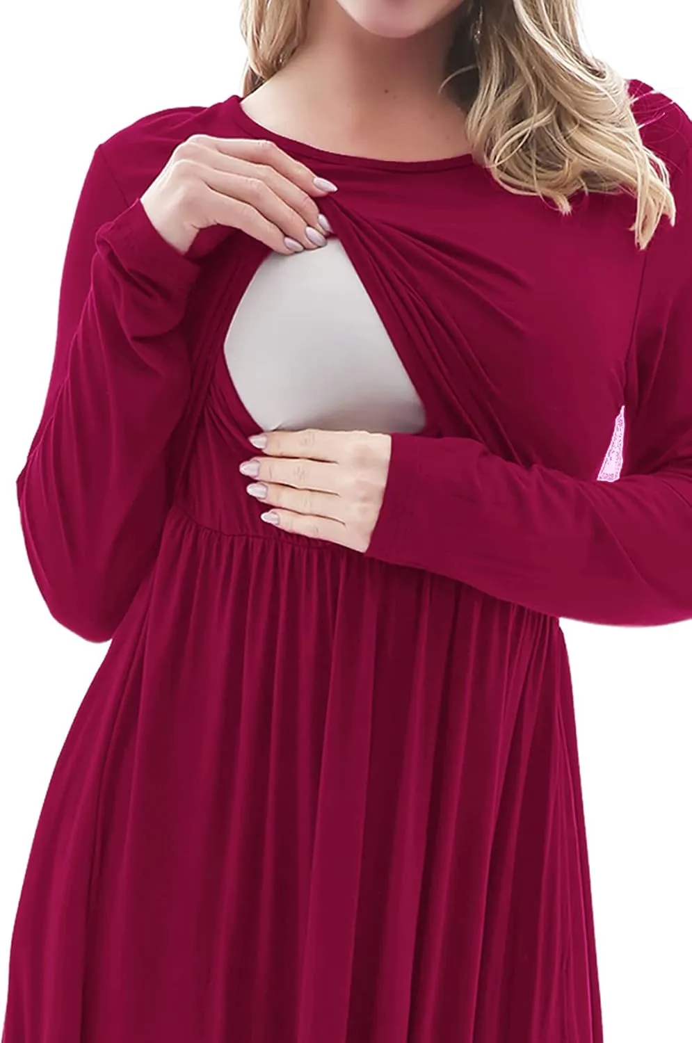 Smallshow Women's Long Sleeve Maxi Nursing Dress Maternity Breastfeeding Clothes