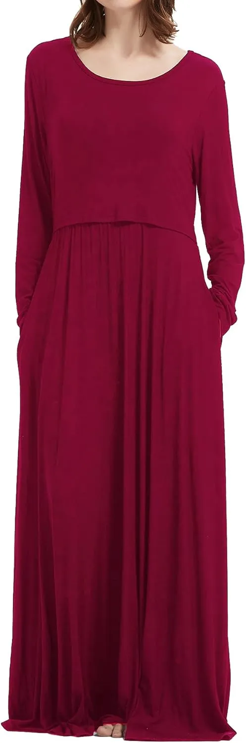 Smallshow Women's Long Sleeve Maxi Nursing Dress Maternity Breastfeeding Clothes