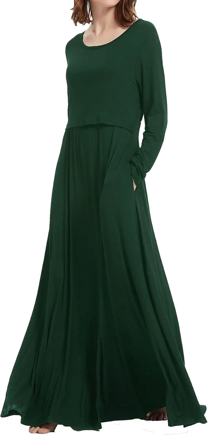 Smallshow Women's Long Sleeve Maxi Nursing Dress Maternity Breastfeeding Clothes