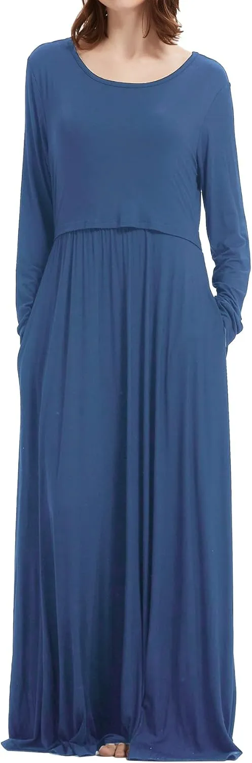 Smallshow Women's Long Sleeve Maxi Nursing Dress Maternity Breastfeeding Clothes