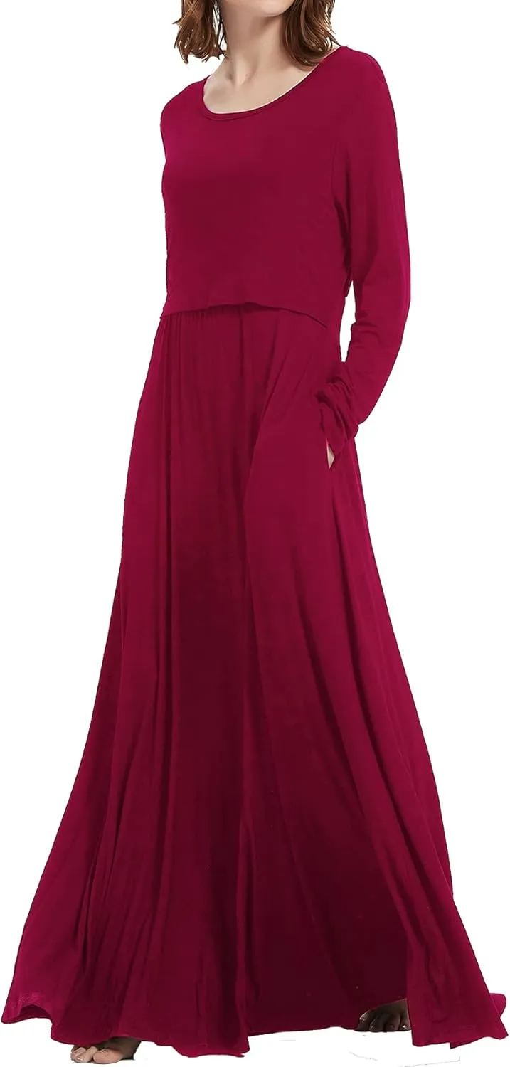 Smallshow Women's Long Sleeve Maxi Nursing Dress Maternity Breastfeeding Clothes