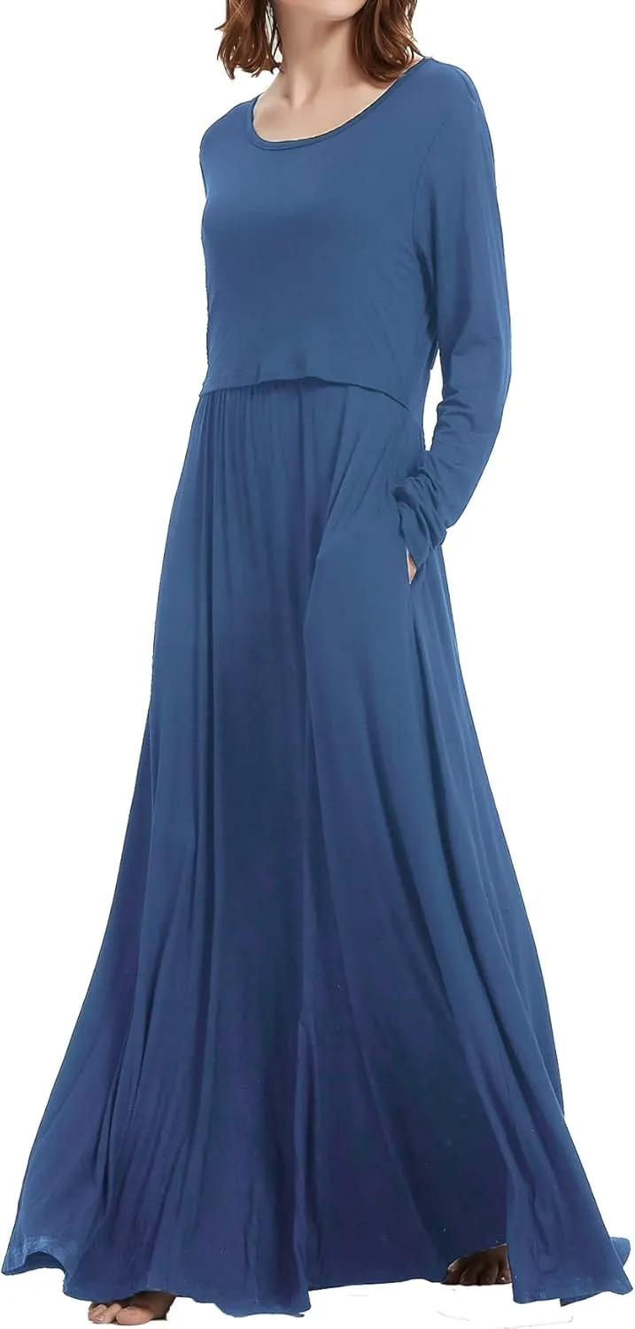 Smallshow Women's Long Sleeve Maxi Nursing Dress Maternity Breastfeeding Clothes