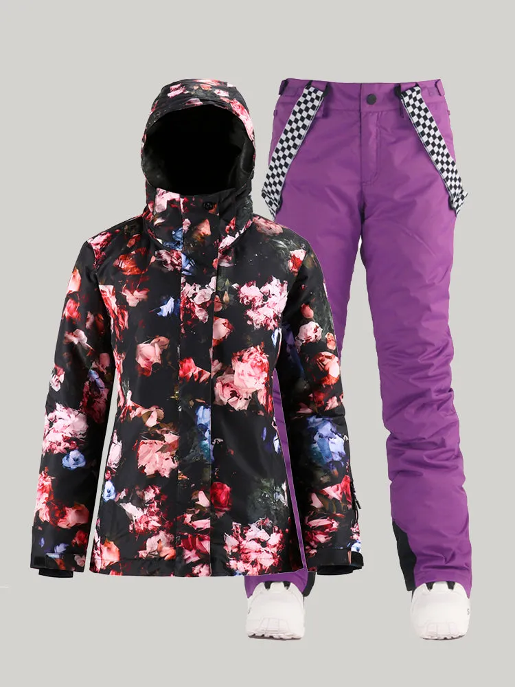SMN Women's Rose Waterproof Colorful Snowboard Jacket Black Pants Sets Ski Suits