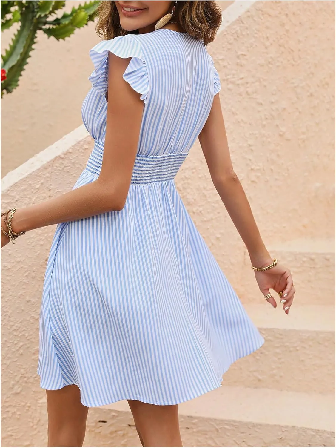 SOLY HUX Women's Striped Print V Neck Flowy Mini Dress Ruffle Trim Shirred Vacation Dresses