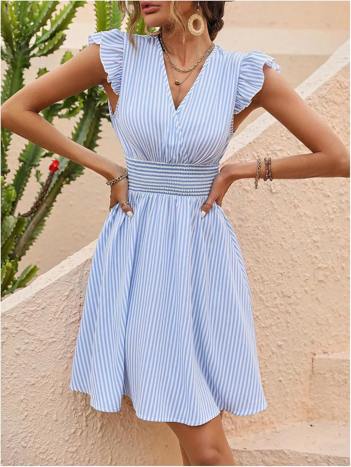 SOLY HUX Women's Striped Print V Neck Flowy Mini Dress Ruffle Trim Shirred Vacation Dresses