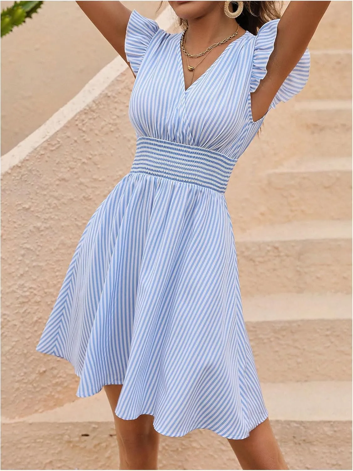 SOLY HUX Women's Striped Print V Neck Flowy Mini Dress Ruffle Trim Shirred Vacation Dresses