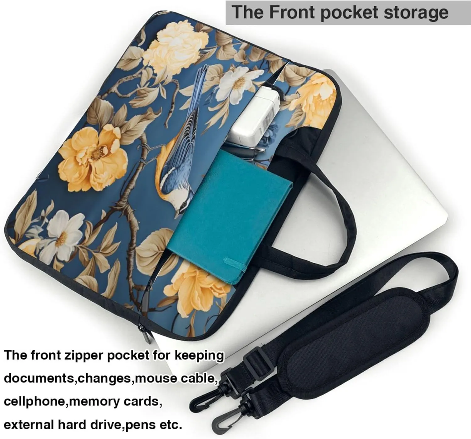 Spring Hummingbird Floral Laptop Shoulder Bag for Women, Laptop Sleeve Case Durable Computer Bag